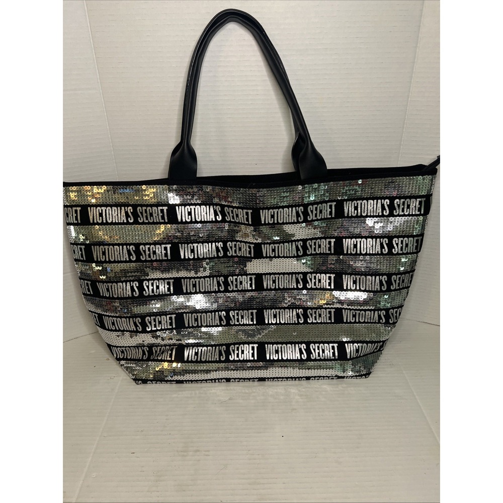 Victoria Secret Black And‎ Silver Bling Sequin Tote Bag Zip Close